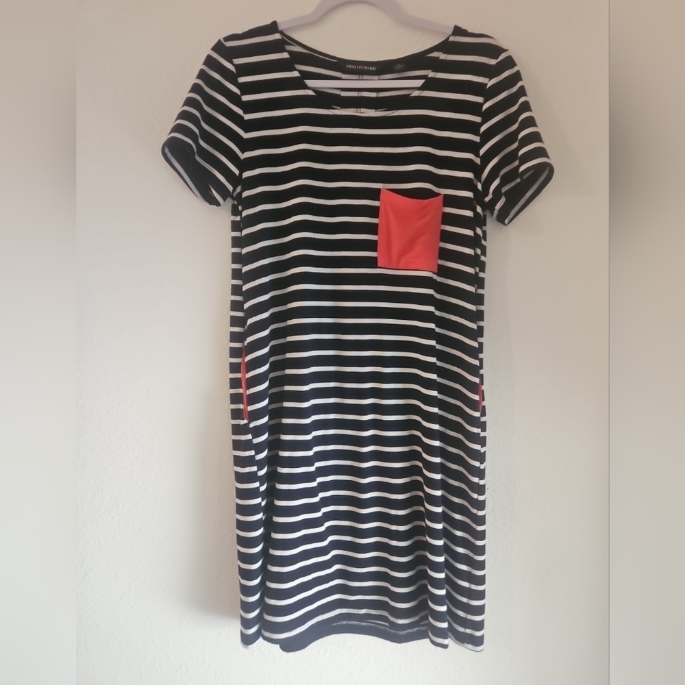 Nina Leonard Black and White Striped Midi Dress with Red Accents
